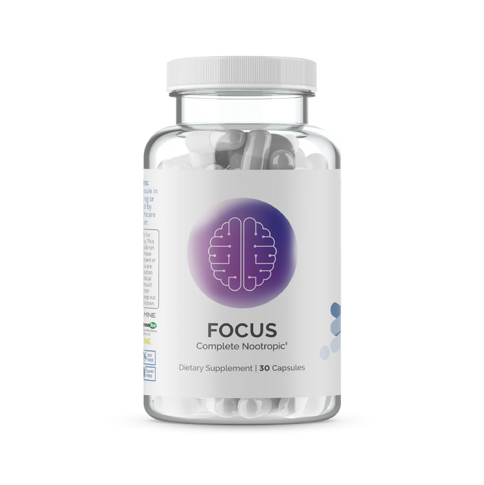 InfiniWell Focus Complete Nootropic dietary supplement bottle with white capsules, front label, transparent background, 30 capsules.
