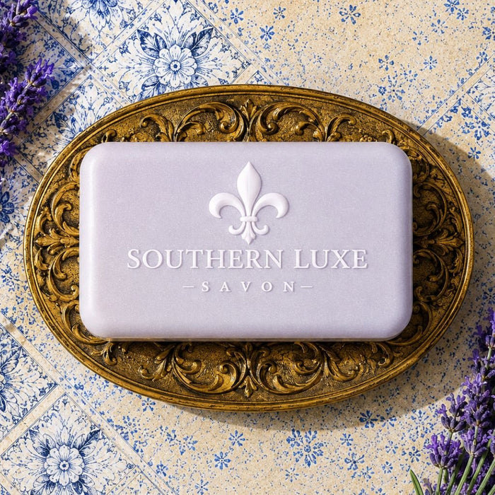 Luxury French Lavender natural bath bar with Provence lavender oil, argan oil, and botanical butters by Southern Luxe Savon