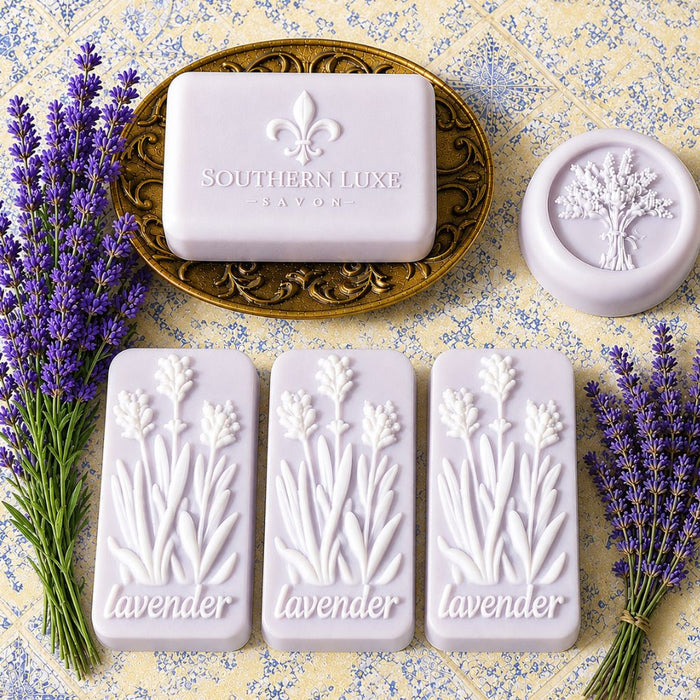French Lavender luxury bath bar with cameo lavender guest soaps by Southern Luxe Savon with Provence lavender oil