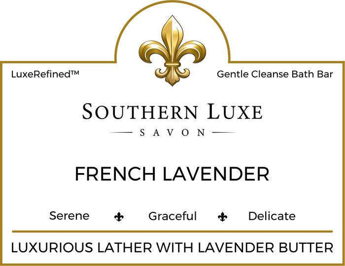 French Lavender luxury artisan natural bath bar label with Provence lavender oil and botanical butters by Southern Luxe Savon