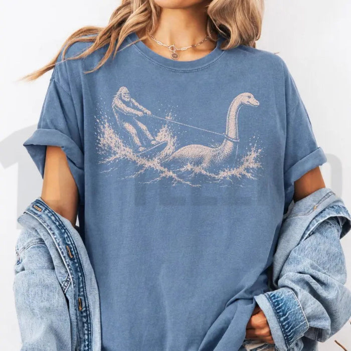 Funny Bigfoot Loch Ness Waterskiing Comfort Colors Shirt – Retro Cryptid Tee