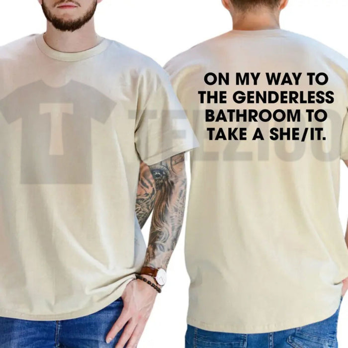 Funny Restroom Humor Political Satire Menswear Graphic T-Shirt - Teezioo