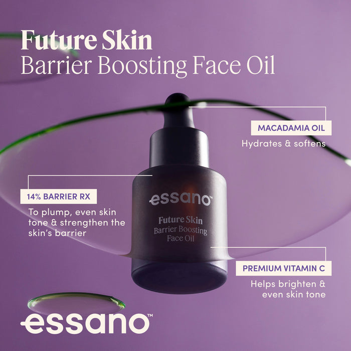 Essano Future Skin Barrier Boosting Face Oil on a purple background with product details.