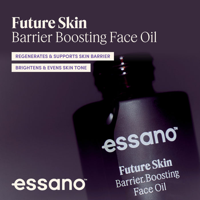 Essano Future Skin Barrier Boosting Face Oil bottle on a dark background