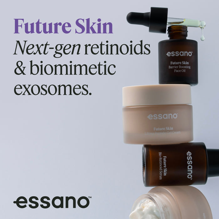 Essano skincare products with text about next-gen retinoids and biomimetic exosomes on a light gray background.