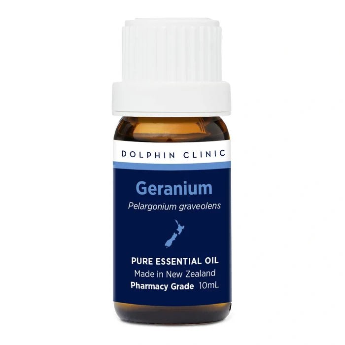 Bottle of Geranium essential oil from Dolphin Clinic on a white background