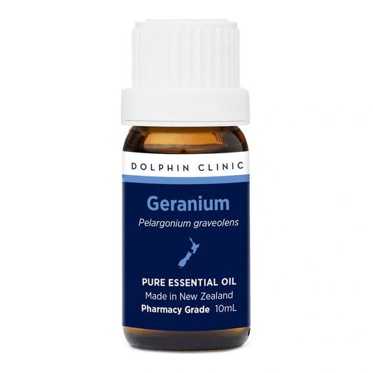 Bottle of Geranium essential oil from Dolphin Clinic on a white background