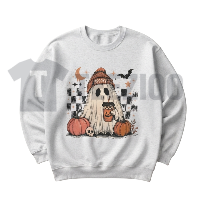 Ghost Checker Graphic Sweatshirt - Retro Checkerboard Ghost Crewneck