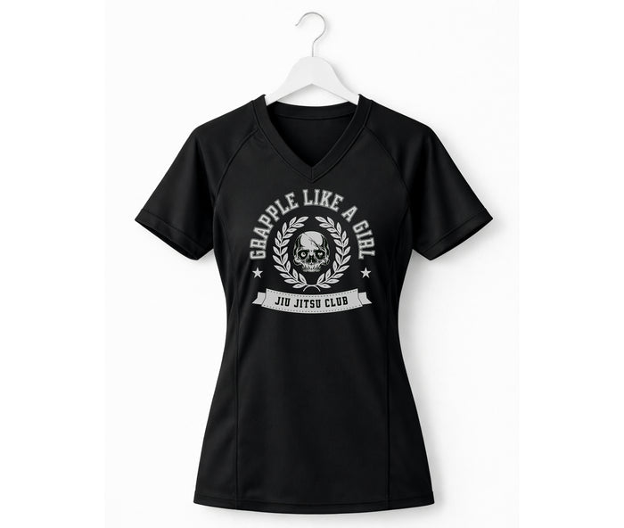 Black women’s V-neck Grapple Like a Girl Jiu-Jitsu Club athletic shirt with skull graphic