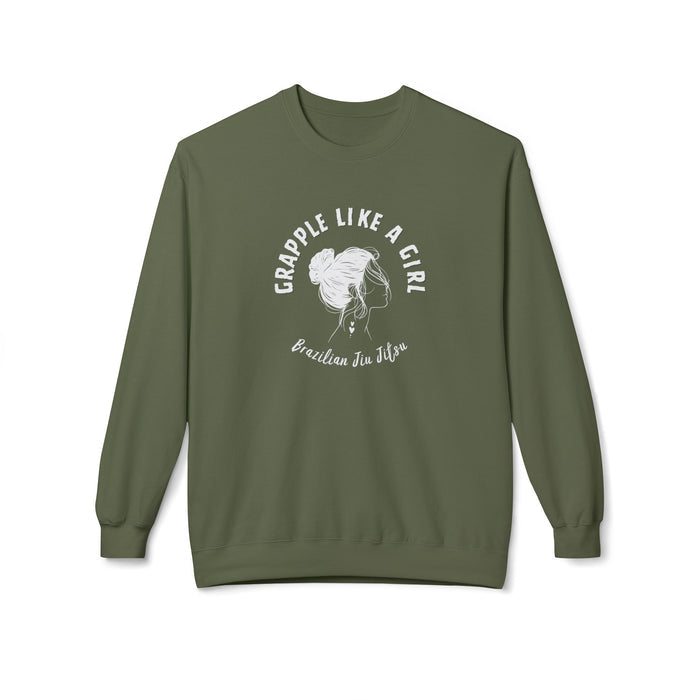 Green sweatshirt with 'Grapple Like a Girl' text and graphic on a white background