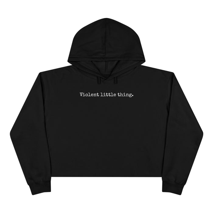 Black hoodie with 'Violent little thing' text on a white background