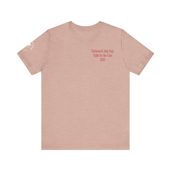 Beige t-shirt with red text on a white background