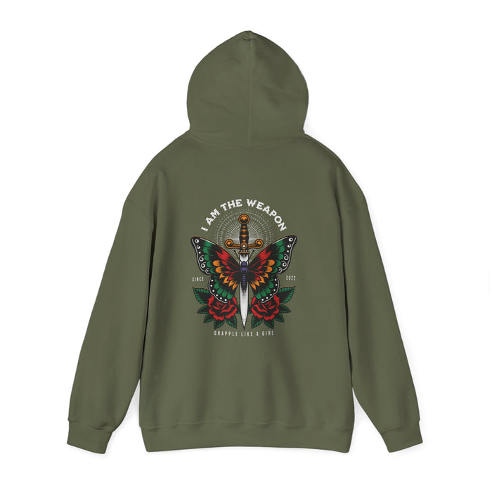 Green hoodie with a butterfly and sword design on the back against a white background