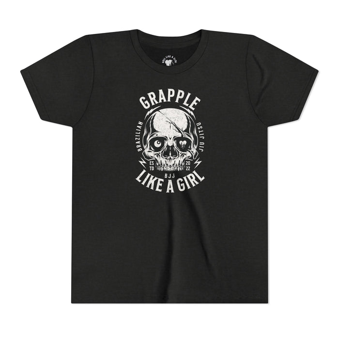 Grapple like a Girl Skull BJJ Youth Girls Short Sleeve Tee Jiu Jitsu Girlie