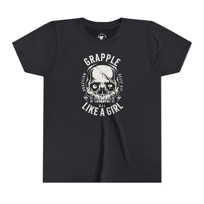Grapple like a Girl Skull BJJ Youth Girls Short Sleeve Tee Jiu Jitsu Girlie
