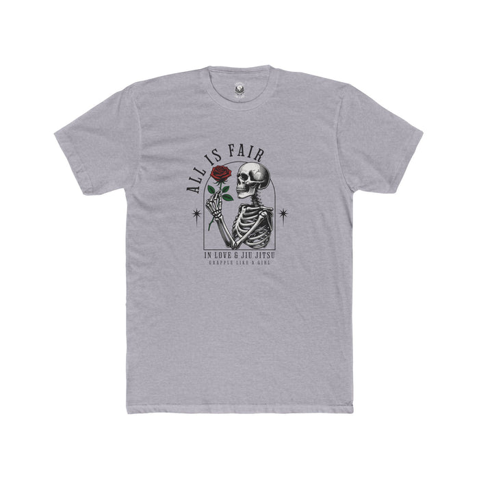 Gray Grapple Like a Girl T-shirt with skeleton holding a rose and All Is Fair graphic