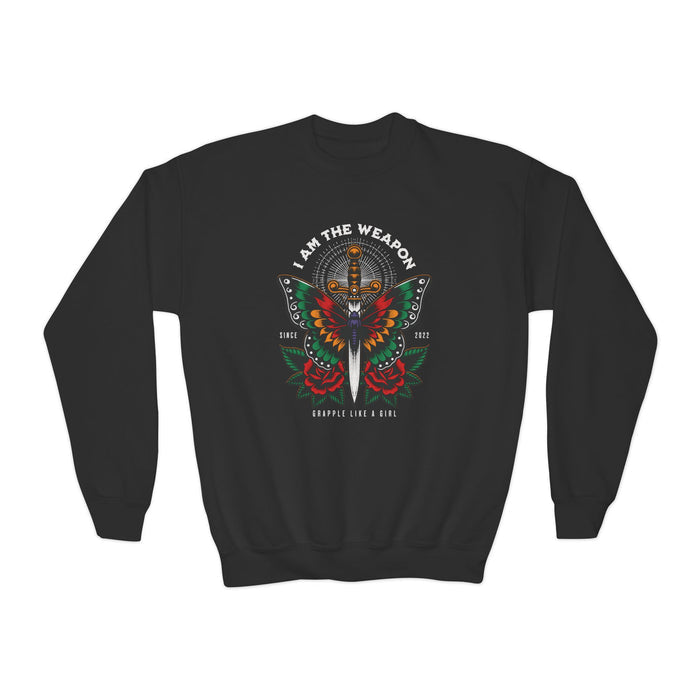 Black sweatshirt with a colorful graphic design on the back against a white background