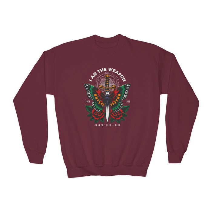 Grapple Like A Girl Youth Crewneck Sweatshirt - I am the Weapon.