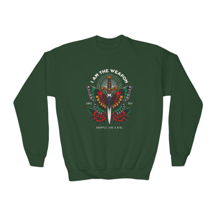 Grapple Like A Girl Youth Crewneck Sweatshirt - I am the Weapon.