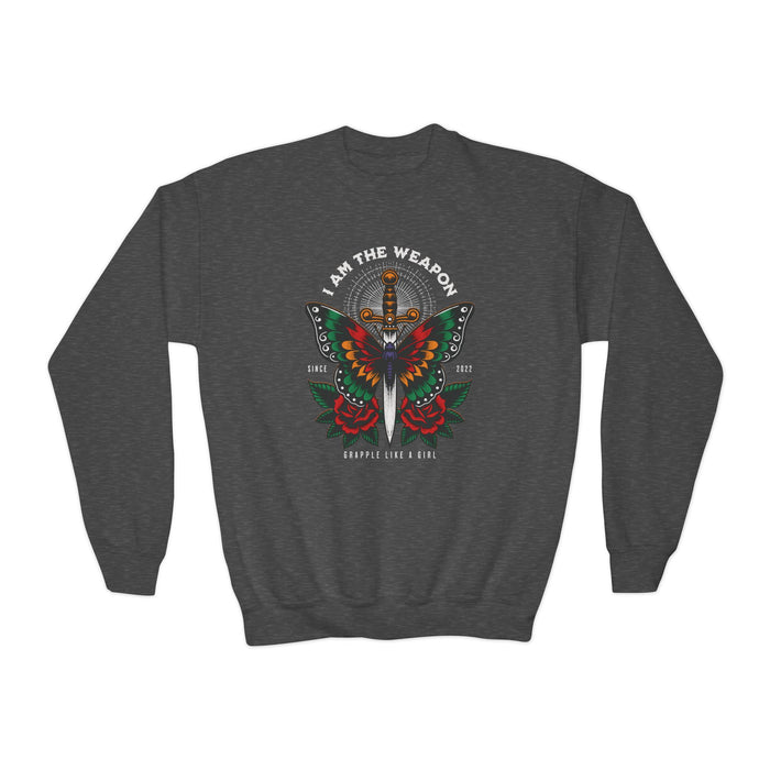 Grapple Like A Girl Youth Crewneck Sweatshirt - I am the Weapon.