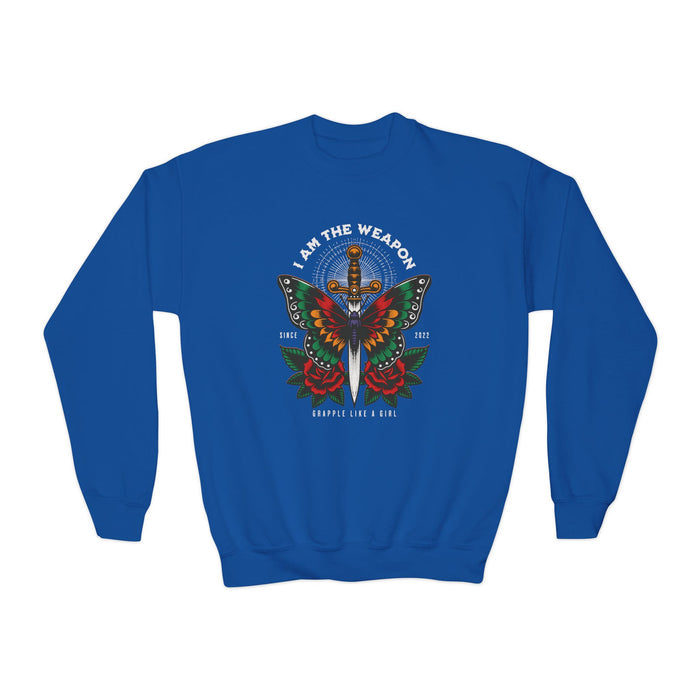 Grapple Like A Girl Youth Crewneck Sweatshirt - I am the Weapon.