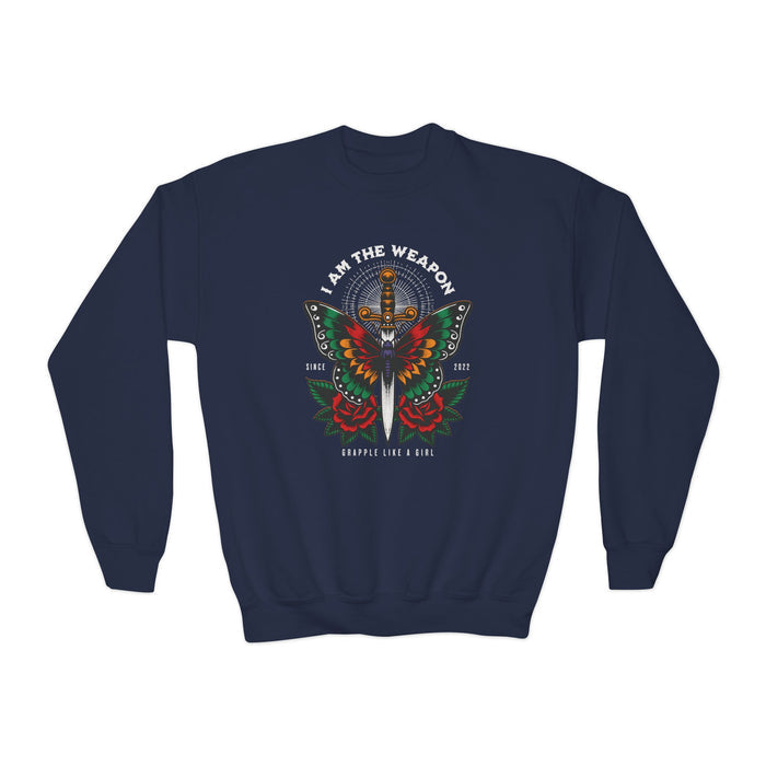 Grapple Like A Girl Youth Crewneck Sweatshirt - I am the Weapon.