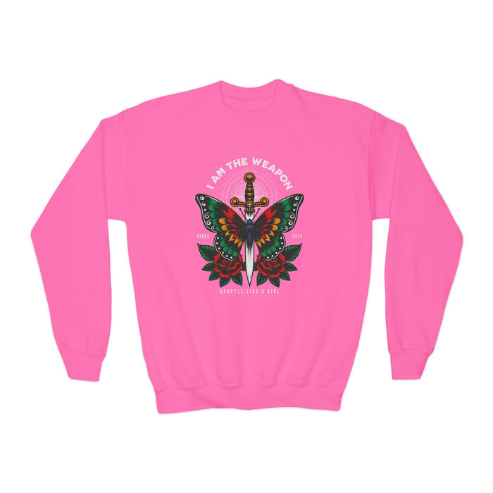 Grapple Like A Girl Youth Crewneck Sweatshirt - I am the Weapon.