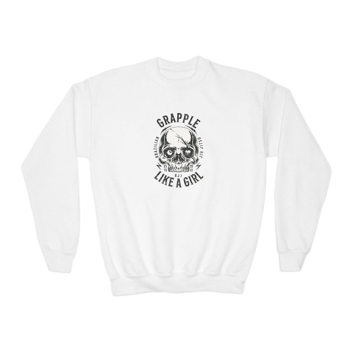 White sweatshirt with black graphic design and text on a white background