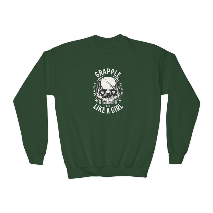 Grapple Like A Girl Youth Crewneck Sweatshirt - Skull