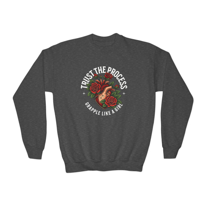 Dark gray sweatshirt with a graphic design and text on a white background