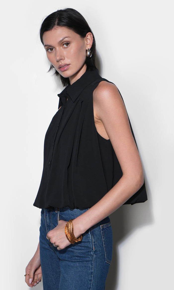 Samantha Sleeveless Button Down Blouse With Bubble Hem
