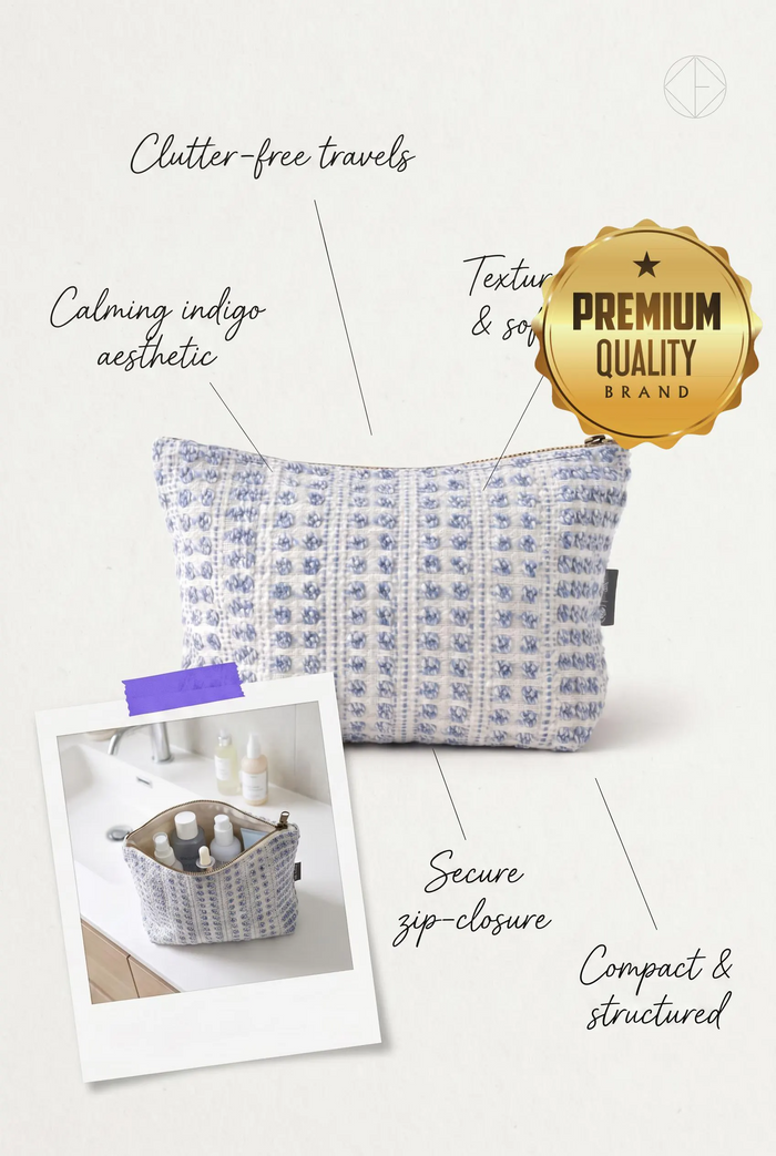Handmade Cotton Toiletry Bag Indigo Blue Echo Jacquard