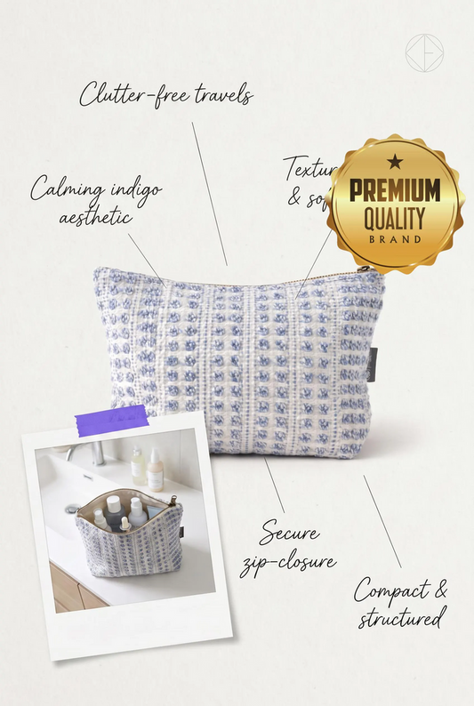 Handmade Cotton Toiletry Bag Indigo Blue Echo Jacquard