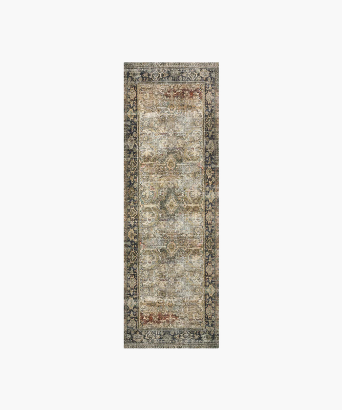 An antique-style runner with intricate floral and geometric patterns in muted earth tones, surrounded by a decorative border, creating an elegant vintage look. | SW Home