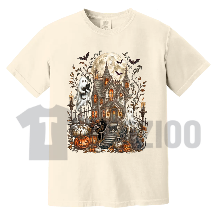 Front view of Comfort Colors Haunted House Ghost Halloween T-Shirt styled in a cozy fall aesthetic outfit - teezioo