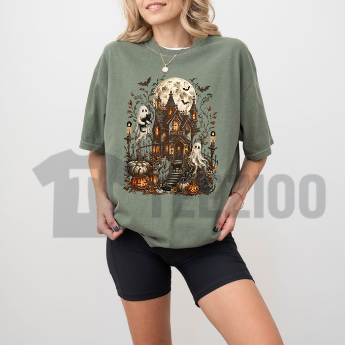 Haunted House Ghost Halloween T-Shirt - Spooky Season Retro Tee