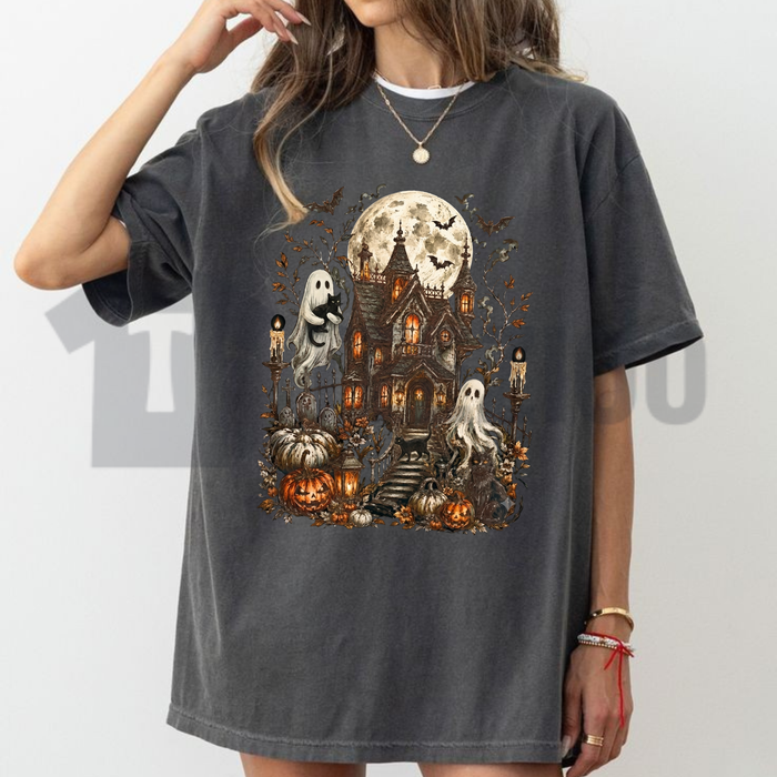 Haunted House Ghost Halloween T-Shirt - Spooky Season Retro Tee