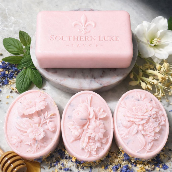 Her Majesty's Garden lavish lather bath bar and Victorian floral guest soaps handcrafted by Southern Luxe Savon