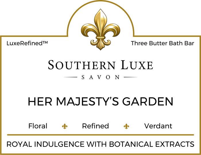 Her Majesty's Garden 8.5 oz luxury floral bath bar label by Southern Luxe Savon with raw honey and green tea