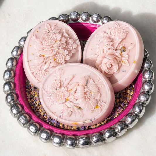 Three Her Majesty's Garden Victorian cameo guest soaps with raw honey and white tea by Southern Luxe Savon