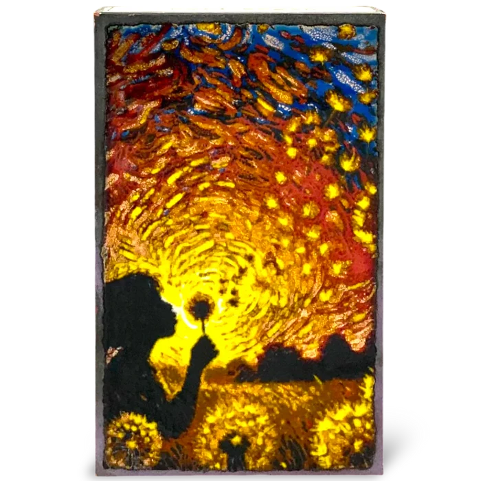 Tile a stylized depiction of a person blowing out candles against a colorful, abstract background.