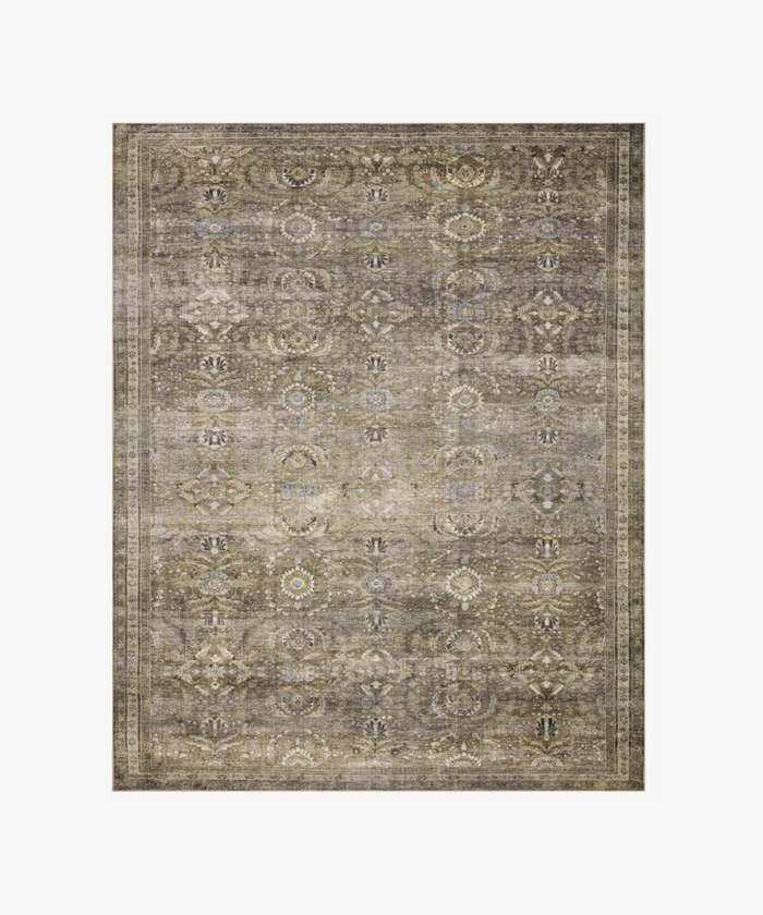 Elegant, vintage-style rug with a floral medallion pattern in muted browns and grays. The distressed texture adds an antique, rustic charm. | SW Home