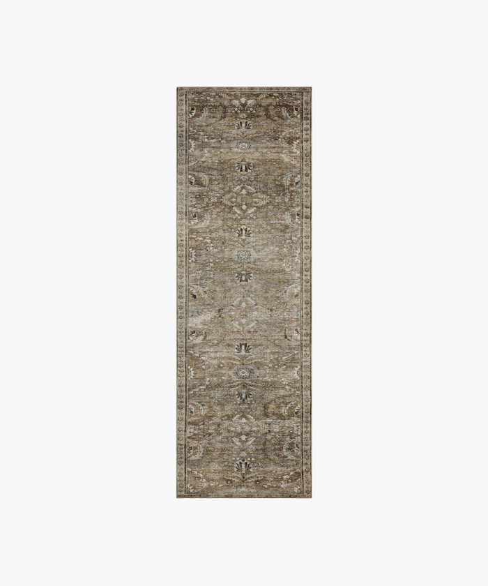 Elegant, vintage-style runner with a floral medallion pattern in muted browns and grays. The distressed texture adds an antique, rustic charm.