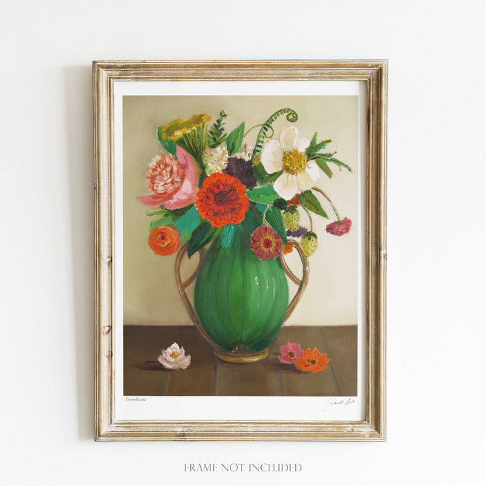 Framed artwork of a floral arrangement with a green vase on a white background