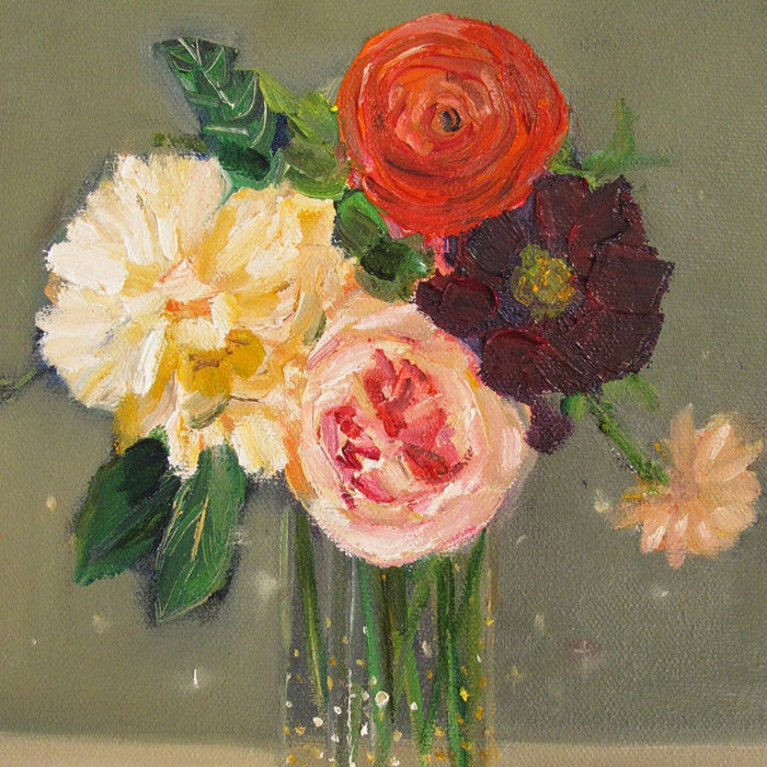 Painting of a bouquet of flowers with red, pink, yellow, and white flowers on a gray background.
