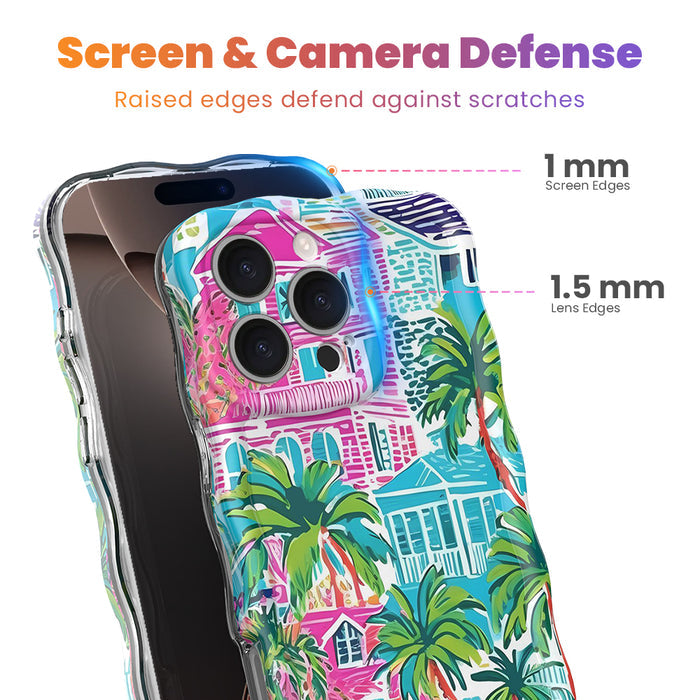 Trendy wavy iPhone case featuring a vibrant tropical resort scene with pink villas and green palm trees with a high-gloss finish.
