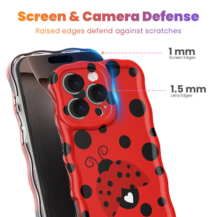 Bright red wavy iPhone case with large black polka dots and a central ladybug featuring a white heart on its wing.