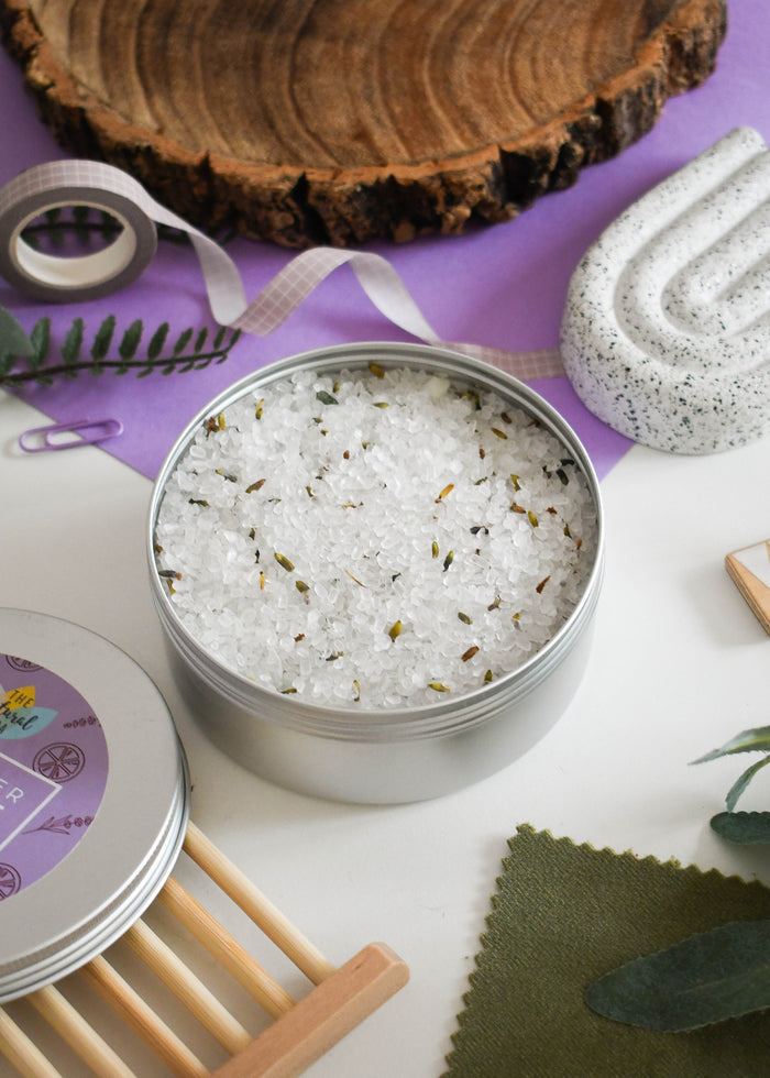 lavender lime bath soak tin, bath salts, me time, self-care, vegan, plastic-free