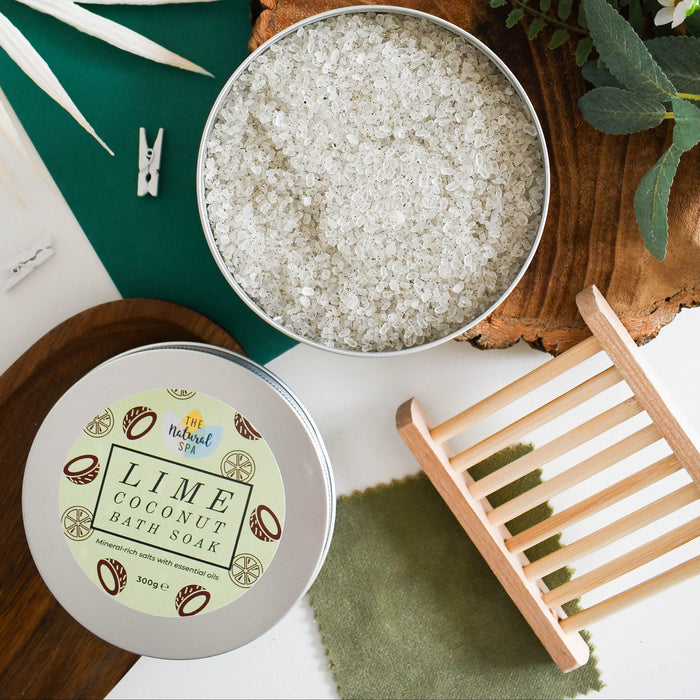 lime coconut bath soak tin, bath salts, me time, self-care, vegan, plastic-free