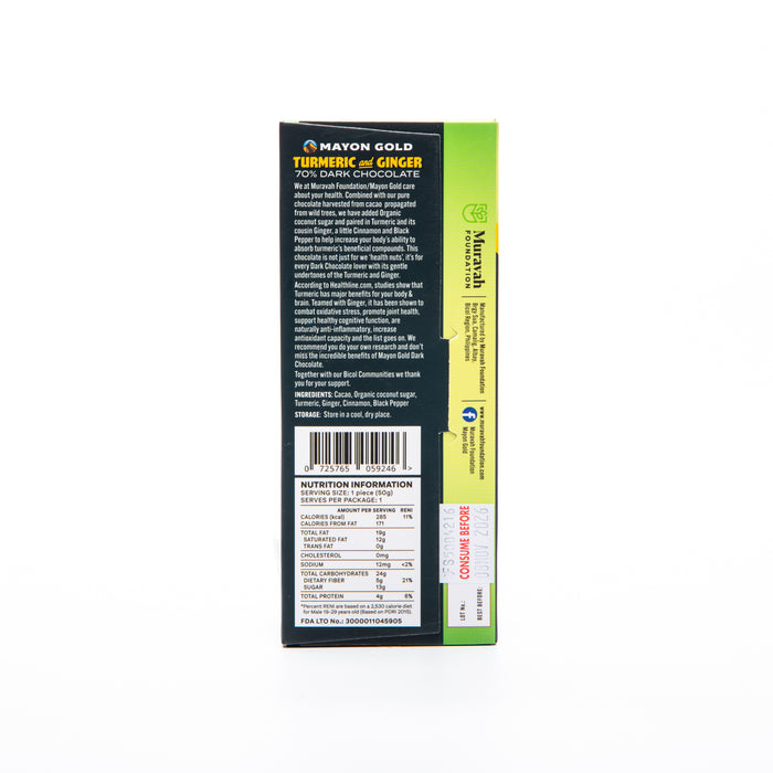 Mayon Gold 70% Dark Chocolate Turmeric and Ginger Bar 50g